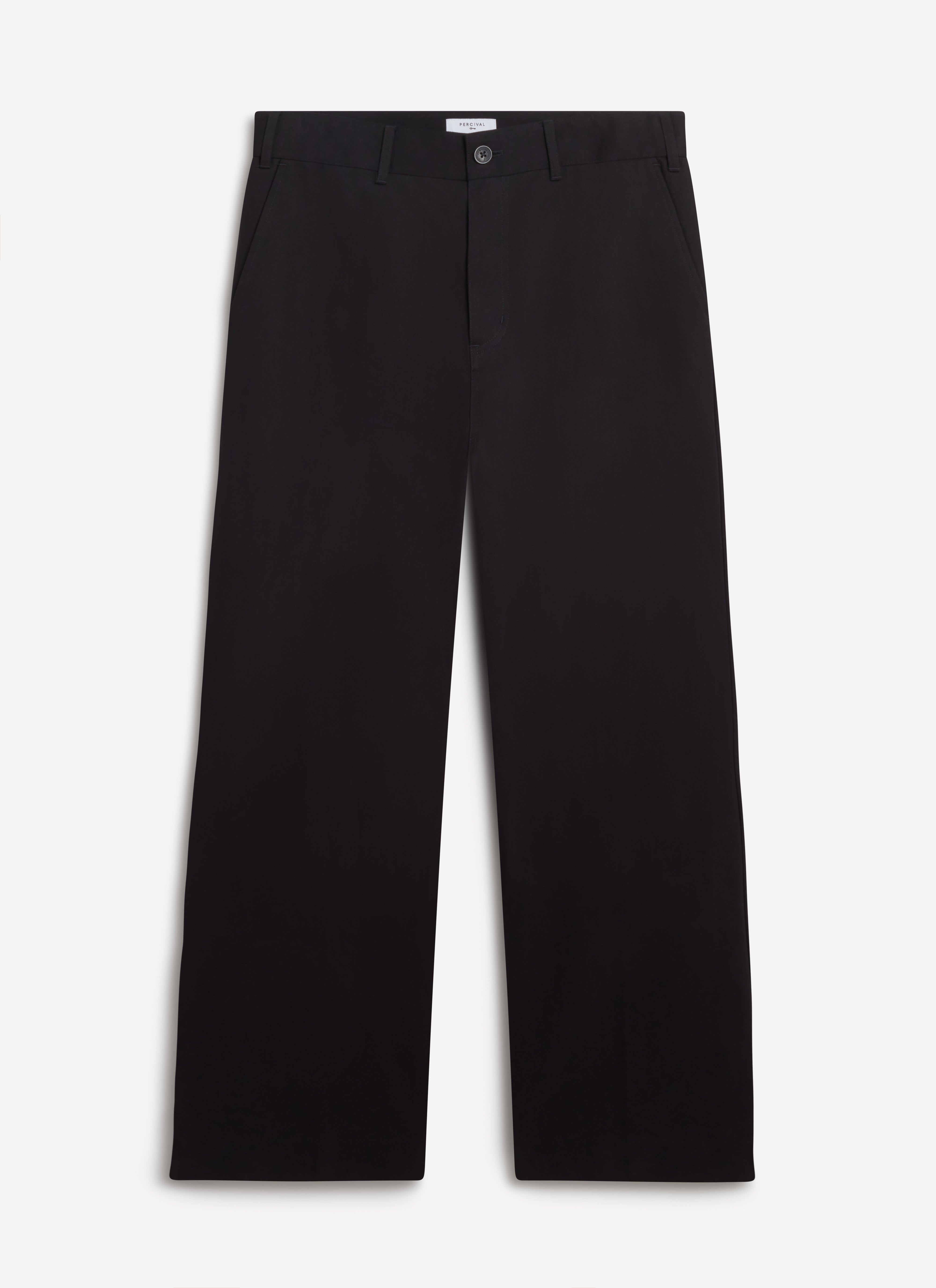 A flat lay of the Percival Wide Leg Chino in black cotton, showing the relaxed, wide silhouette against a white background.