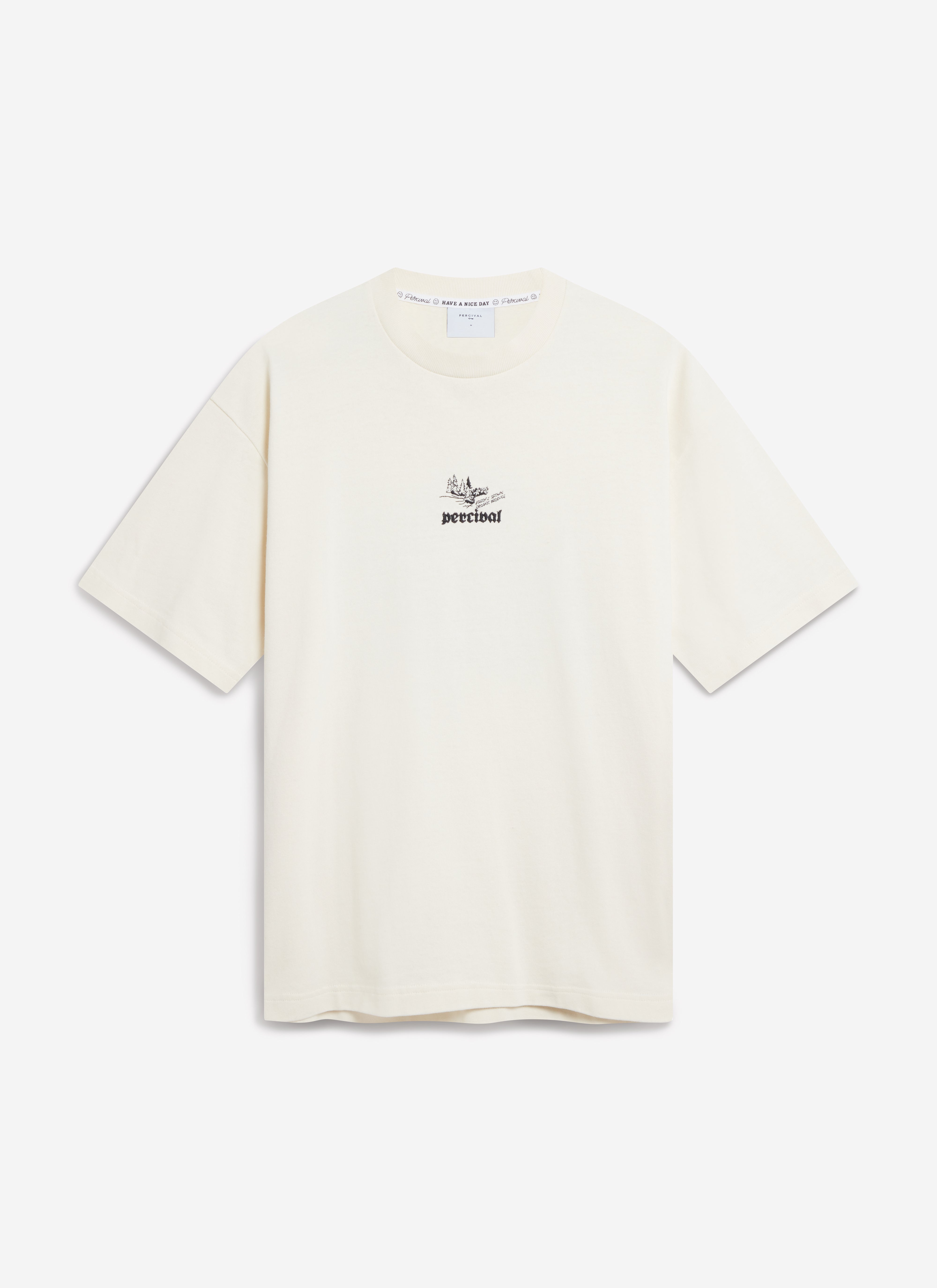 A flat lay of the Percival Wildlands oversized t-shirt in ecru, featuring the hand-illustrated outdoors graphic on the chest.