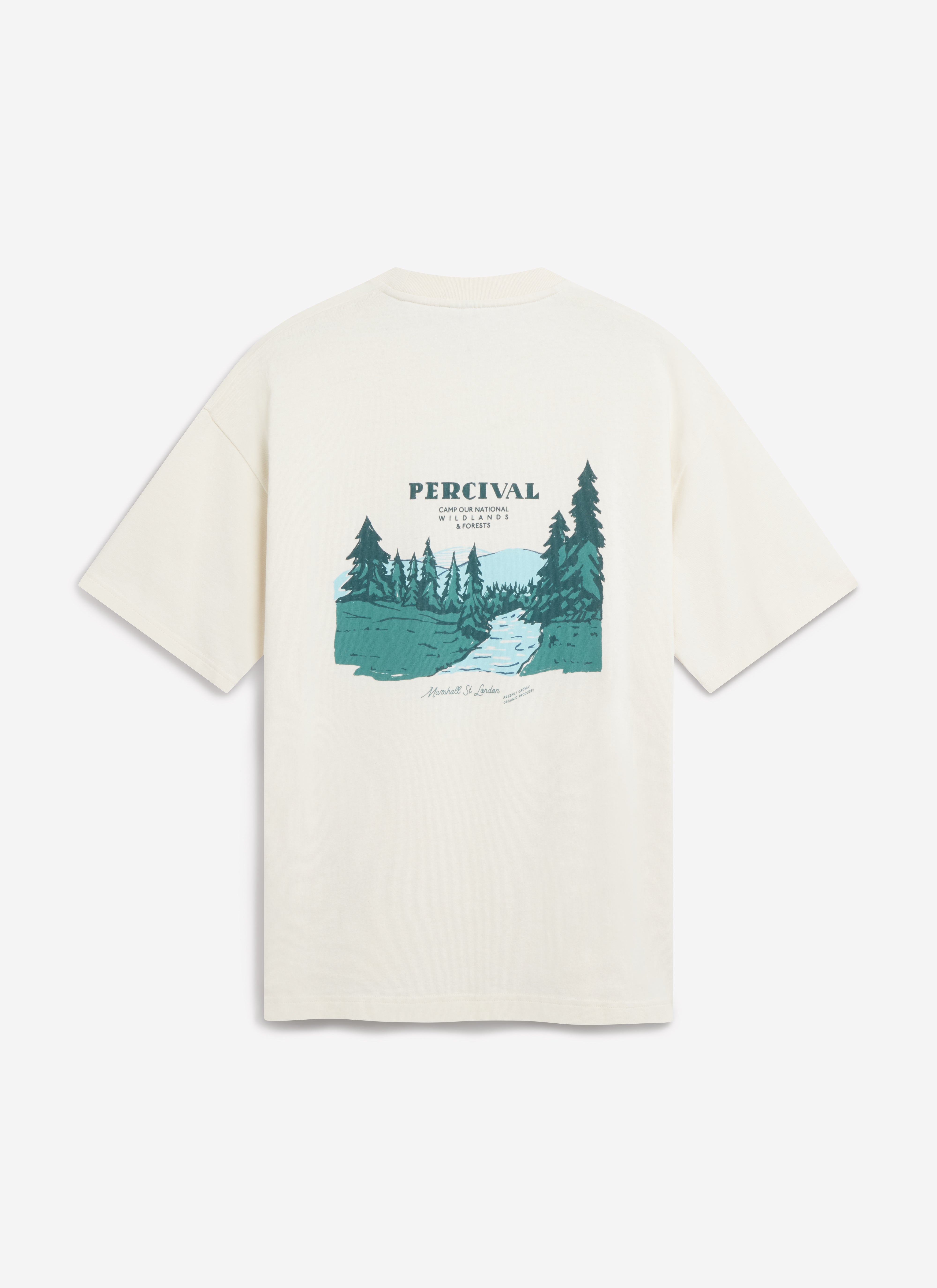 A back view of the Percival Wildlands oversized t-shirt in ecru, showing the detailed forest landscape graphic.