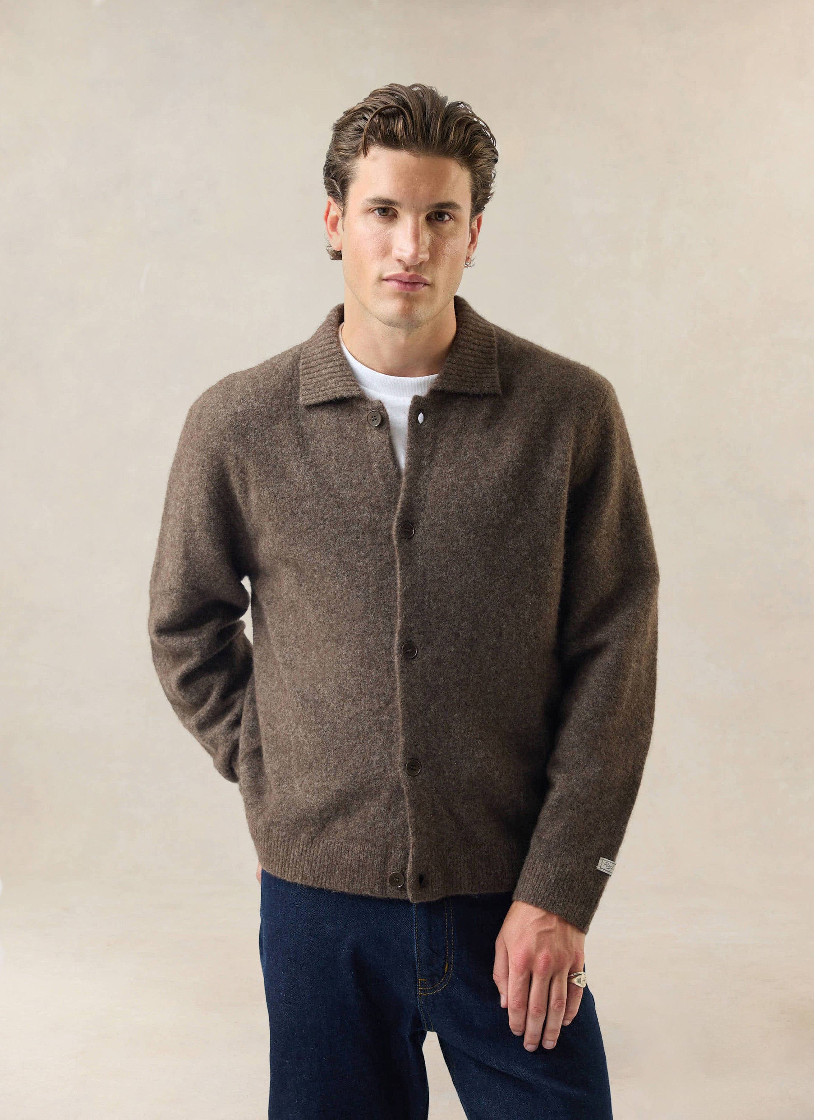 Men's Collared Knit Cardigan | Yak Wool Blend | Brown | Percival