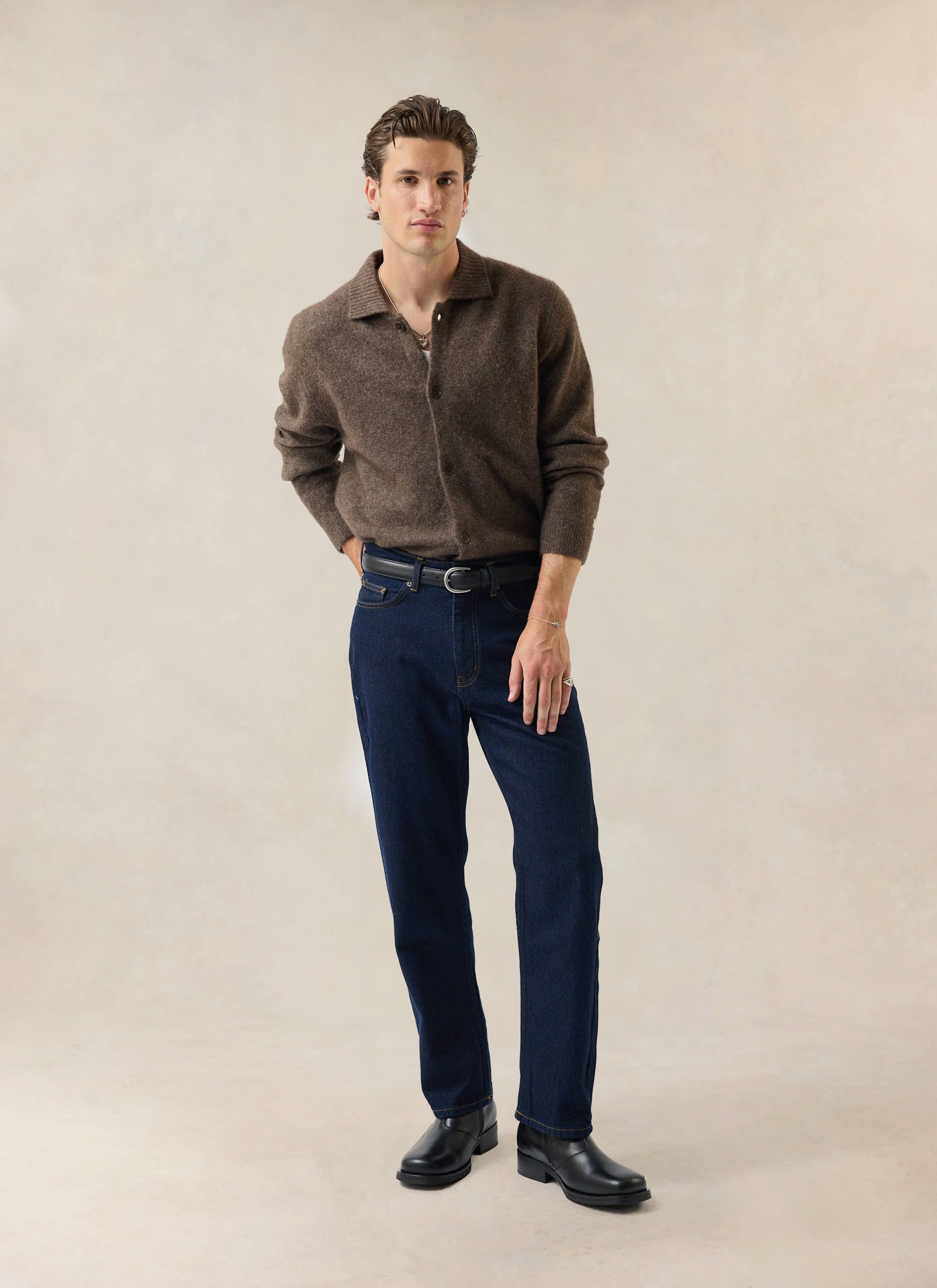 Men's Collared Knit Cardigan | Yak Wool Blend | Brown | Percival