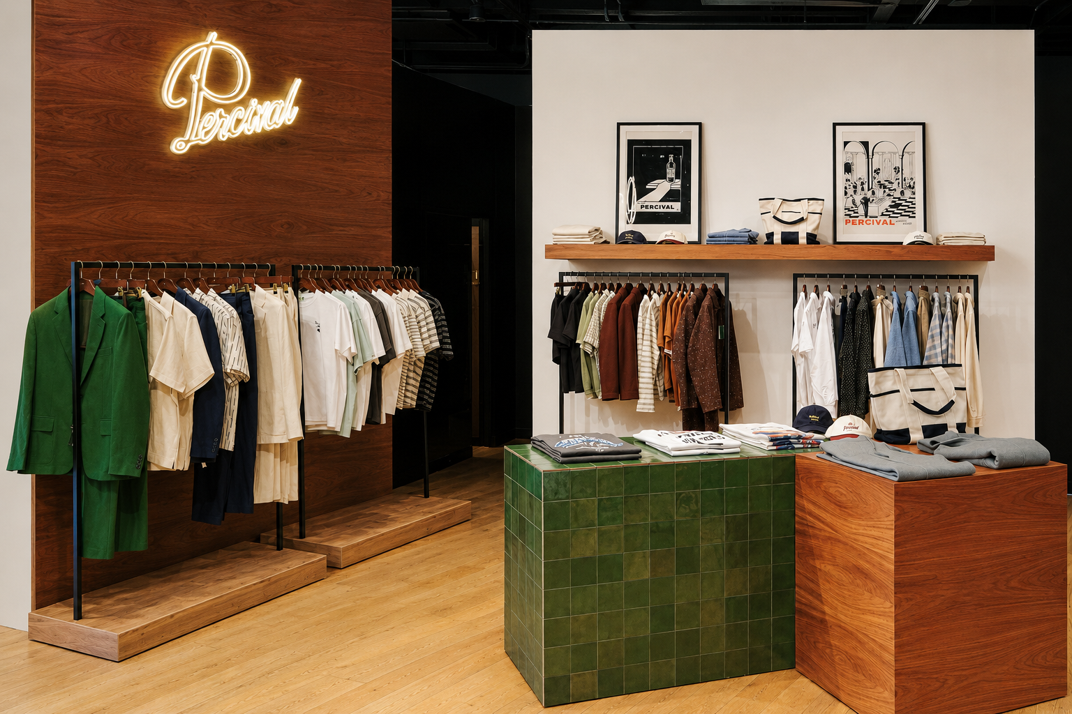 Percival menswear pop-up store interior featuring contemporary clothing racks and a glowing neon brand sign on a wooden panel at Selfridges Birmingham Bullring.