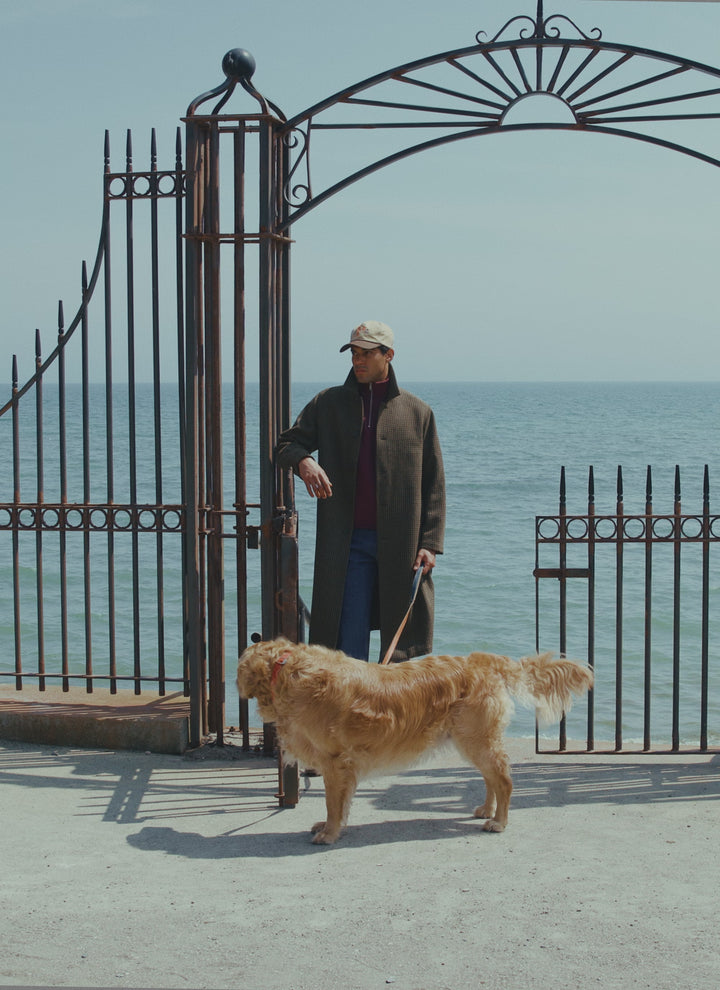 A model wearing the Percival Minnesota Overcoat in Watcher Check by an iron gate with a dog by the sea.