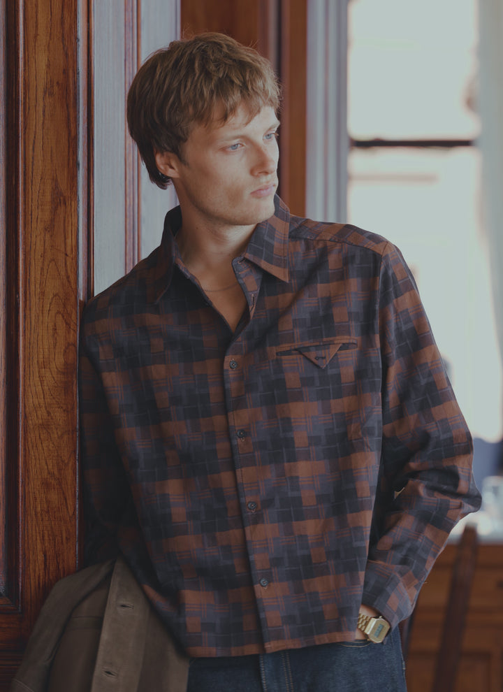 Percival brown check Hinsley boxy long sleeve shirt in 100% cotton, worn by a model in an indoor setting.