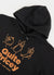 close up of black hoodie with orange print of a tomato, an aubergine and a chilli with text "quite pricey"