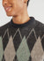 grey mohair crew neck with argyle print in blue, brown, white and beige