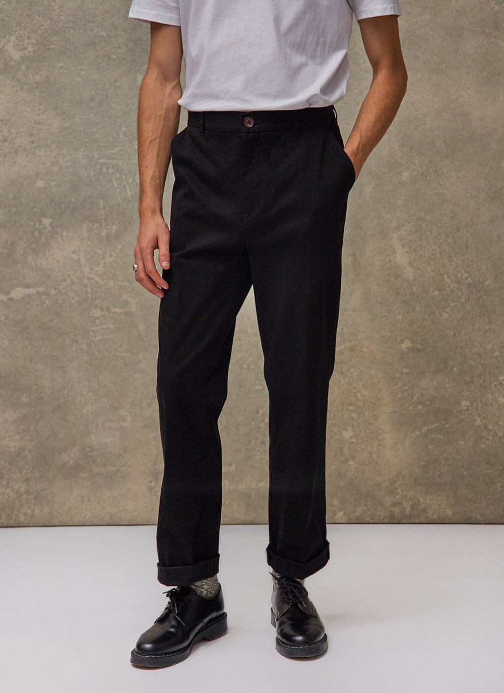 Men's Straight Leg Trousers   Black Twill   Percival Menswear