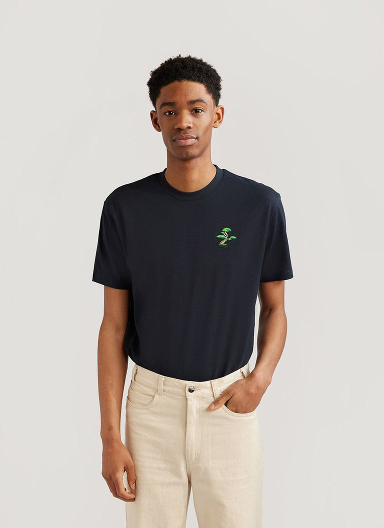 Bonsai Tree T Shirt | Embroidered Organic Cotton | Navy & Percival Menswear