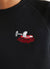 black sweatshirt with embroidery of boken red wine glass on left hand side of chest