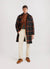 brown casentino overshirt styled with grey hikaru zip, teal check trench coat and beige trousers