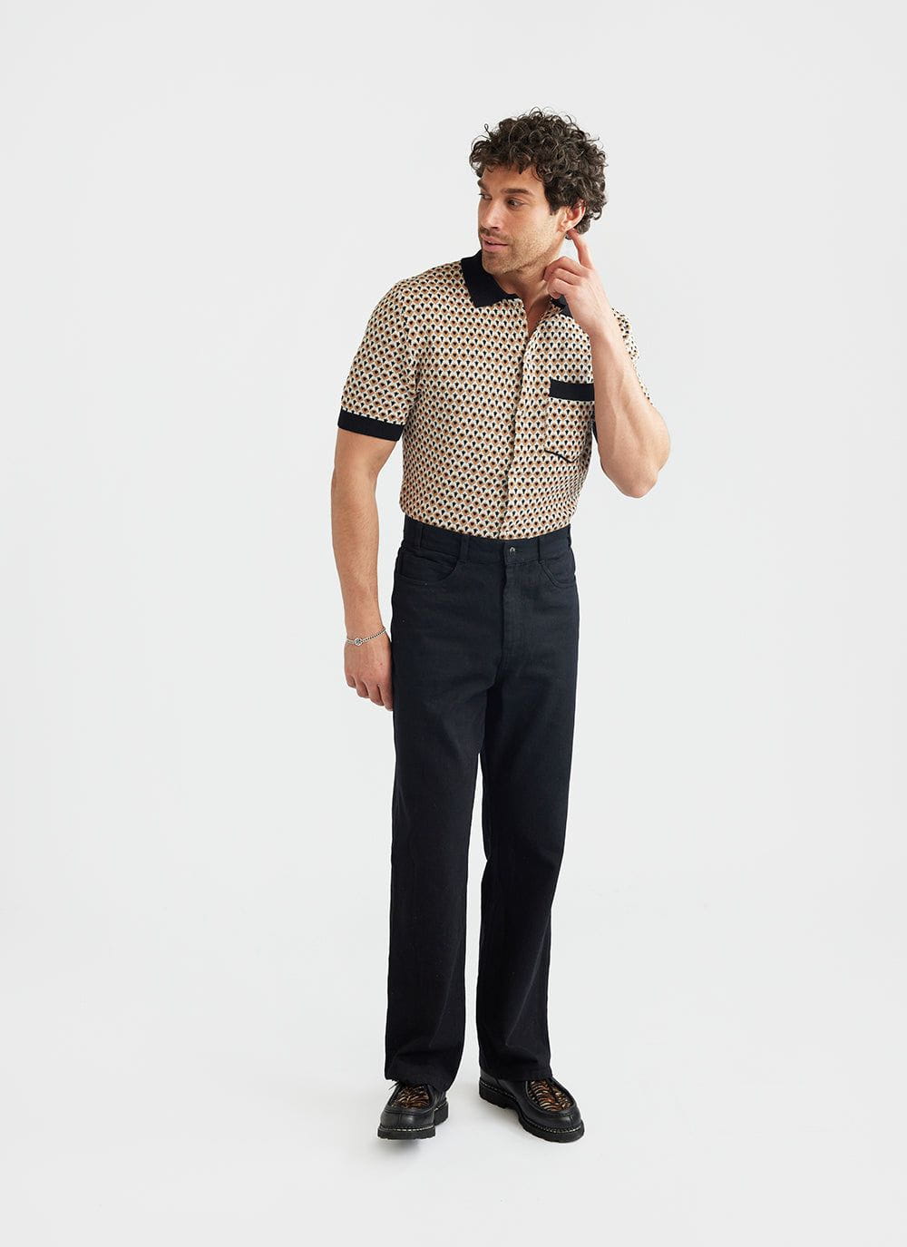Men's Knitted Polo Shirt | Rust Jacquard & Percival Menswear