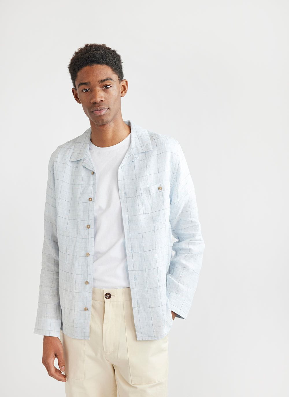 Men s Long Sleeve Linen Shirt Cuban Collar Shirt Blue