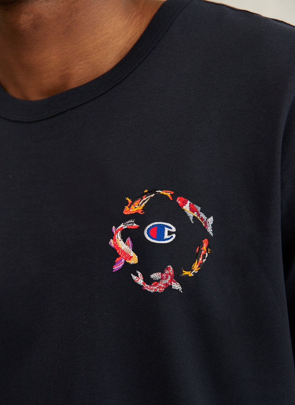 Men s Embroidered T Shirt Koi Carp Champion x Percival Navy