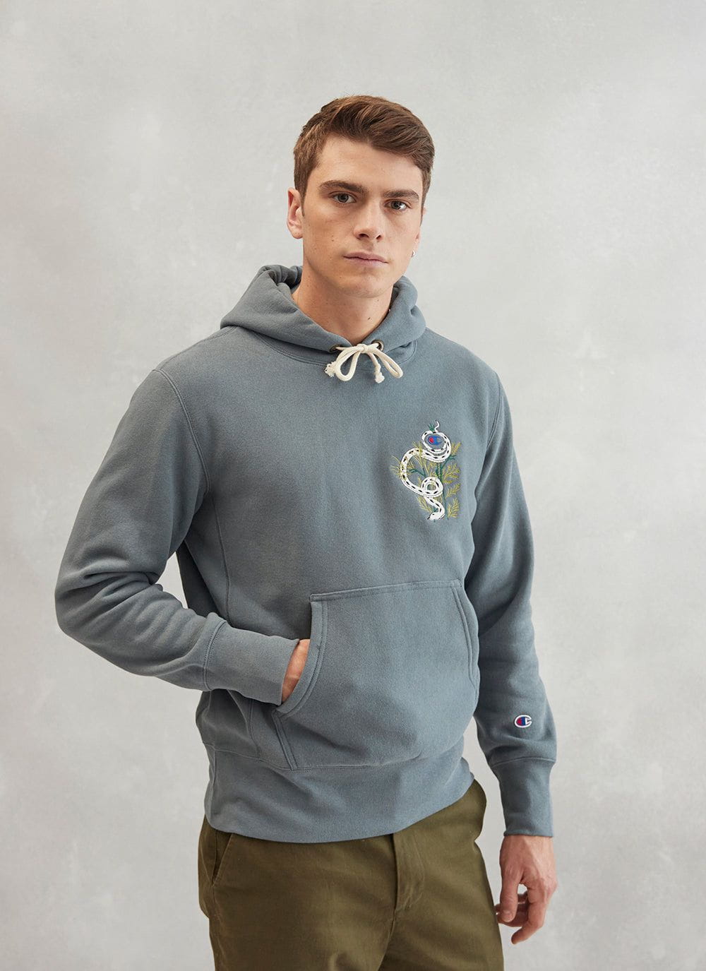 Men s Ash Embroidered Champion Hoodie Grass Snake Percival
