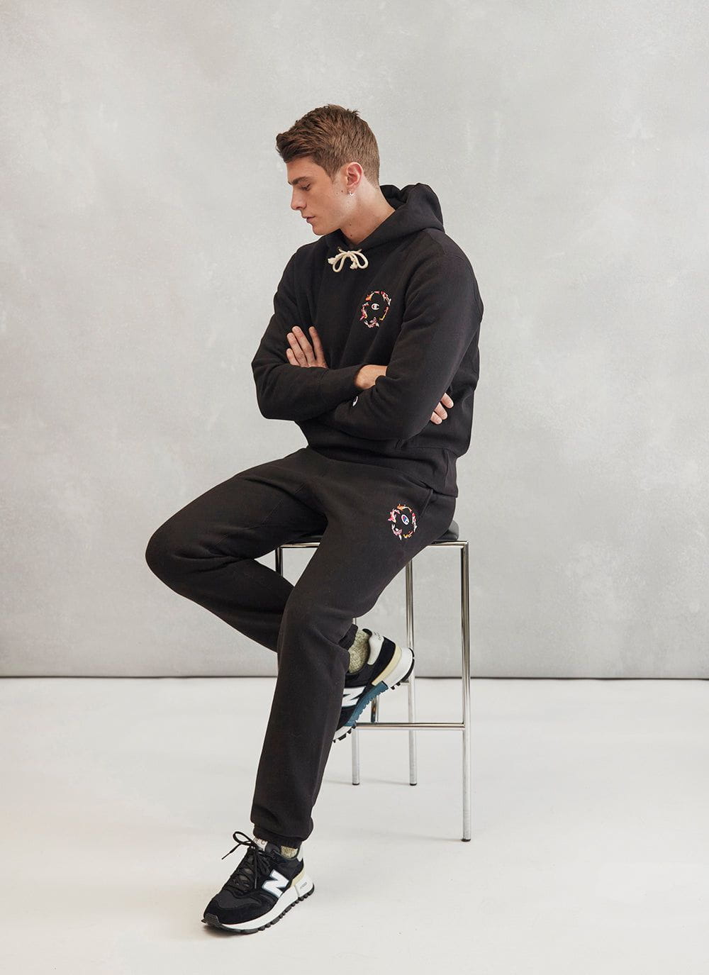 Men s Black Embroidered Champion Hoodie Koi Carp Percival Menswear