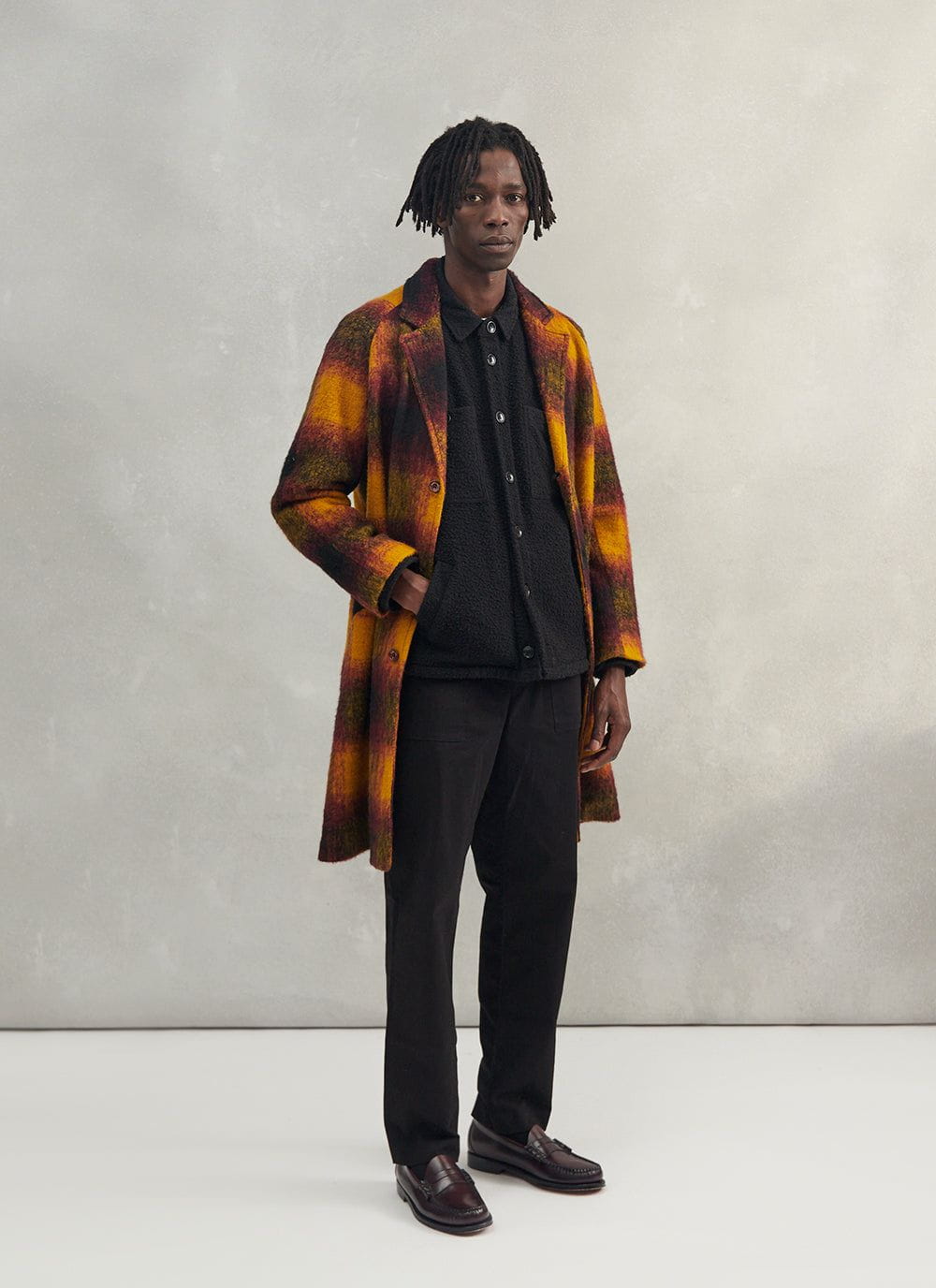 Men s Oversize Trench Coat Check Wool Yellow Long Percival