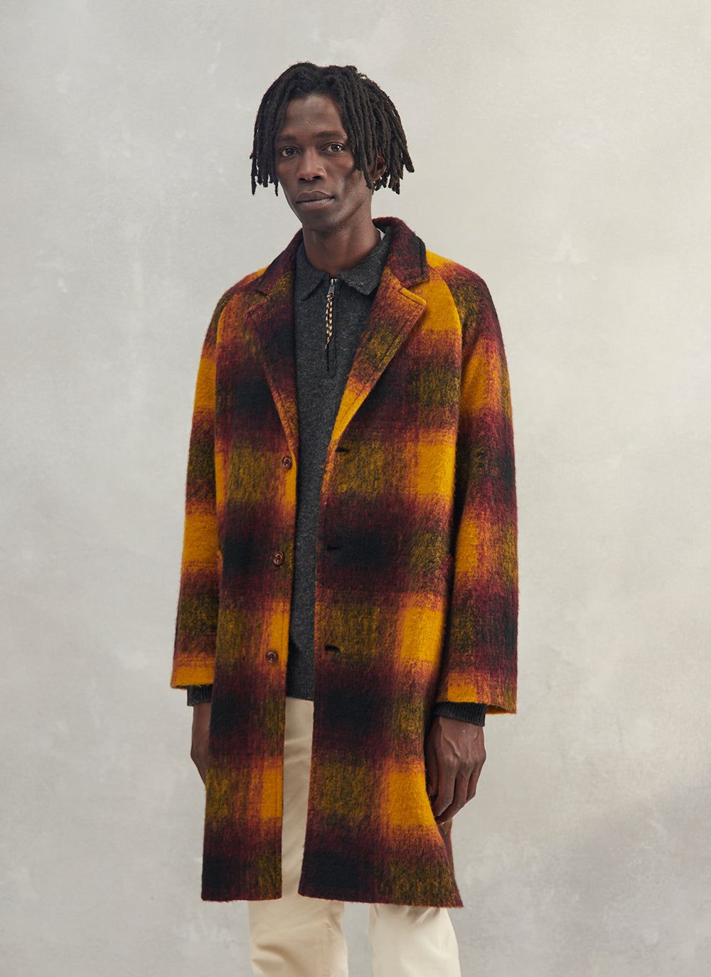 Men s Oversize Trench Coat Check Wool Yellow Long Percival