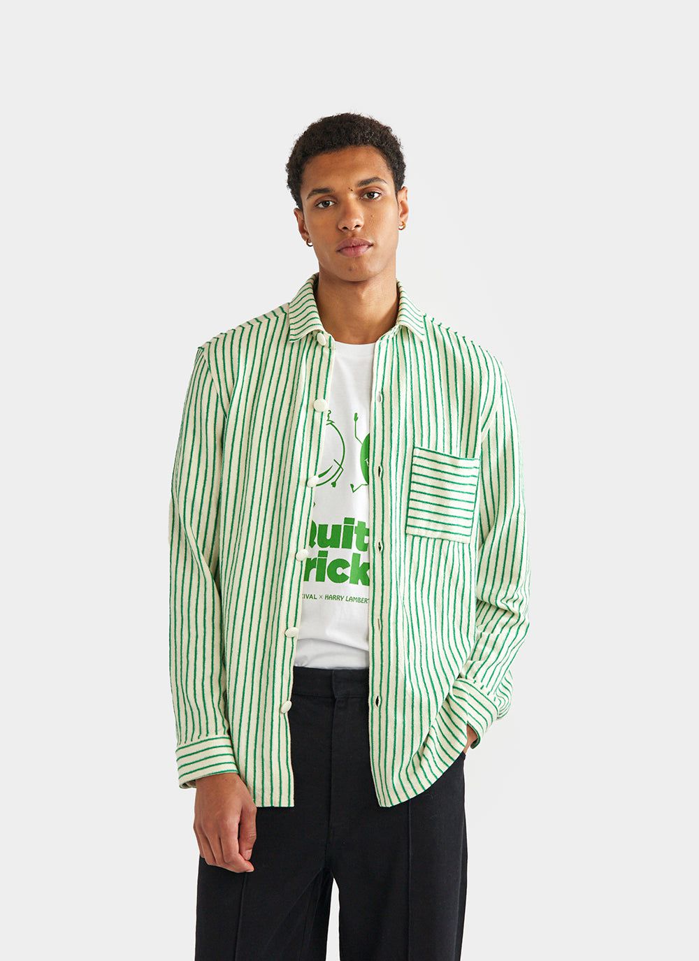 green shirt with white stripes