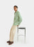 green and white striped long sleeve shirt with oversized buttons