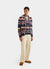 navy mohair cardigan with zig zag print in pink, yellow, brown and cream