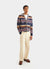 navy mohair cardigan with zig zag print in pink, yellow, brown and cream