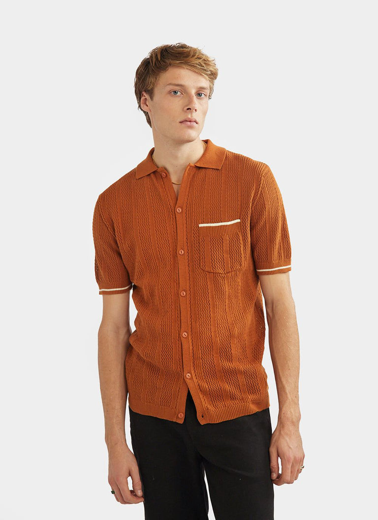Men's Short Sleeve Knitted Shirt | Cotton | Rust | Percival & Percival ...
