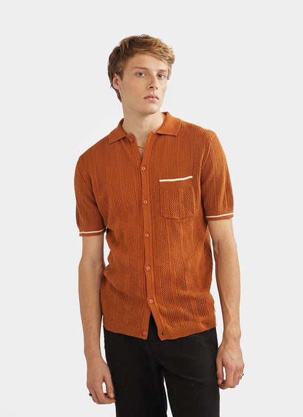 Men's Short Sleeve Knitted Shirt | Cotton | Rust | Percival