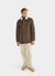 brown suede and white shearling coat with collar and buttons