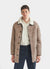 light brown suede and white shearling coat with collar and buttons