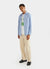 blue and white striped long sleeve shirt with oversized buttons