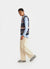 blue and white striped long sleeve shirt with oversized buttons