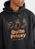 black hoodie with orange print of a tomato, an aubergine and a chilli with text "quite pricey"