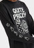 black long sleeve t shirt with white print of cartoon snail and text "quite pricey"