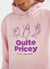 pink hoodie with purple print of a tomato, an aubergine and a chilli with text "quite pricey"