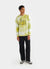 long sleeve t shirt with yellow tie dye and black print of a chilli, tomato and aubergine with text "quite tricky quite pricey"