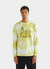 long sleeve t shirt with yellow tie dye and black print of a chilli, tomato and aubergine with text "quite tricky quite pricey"