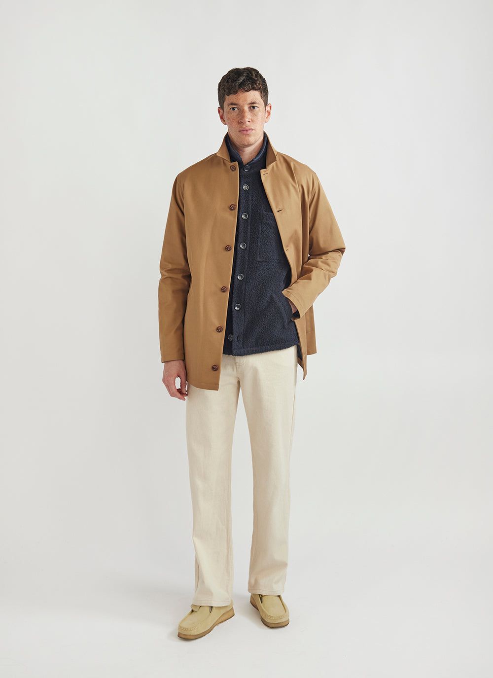 Mens Waterproof Trench Coat | Tan with Navy | Percival Menswear