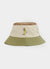 green, beige, brown and pink bucket hat with embroidery of a yellow chilli
