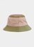 green, beige, brown and pink bucket hat with embroidery of a green snail