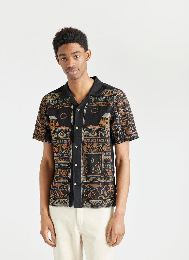 Men's Linen Shirt | Embroidered | Tapestry | Black