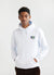 white hoodie with embroidery of tarot cards on left hand side of chest