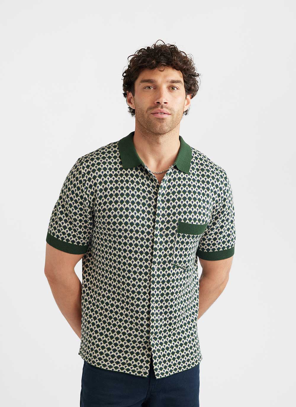 Men's Short Sleeve Knitted Shirt | Casa Picante | Green Jacquard