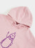 close up of pink hoodie with purple print of an aubergine with smiling face
