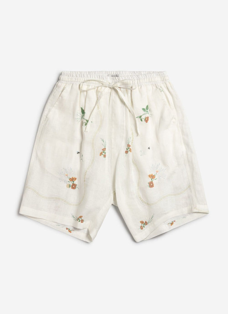 Men's Linen Shorts | Kowloon Printed Linen Shorts | White | Percival ...